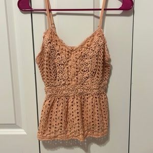 Coral crop top with lace accents